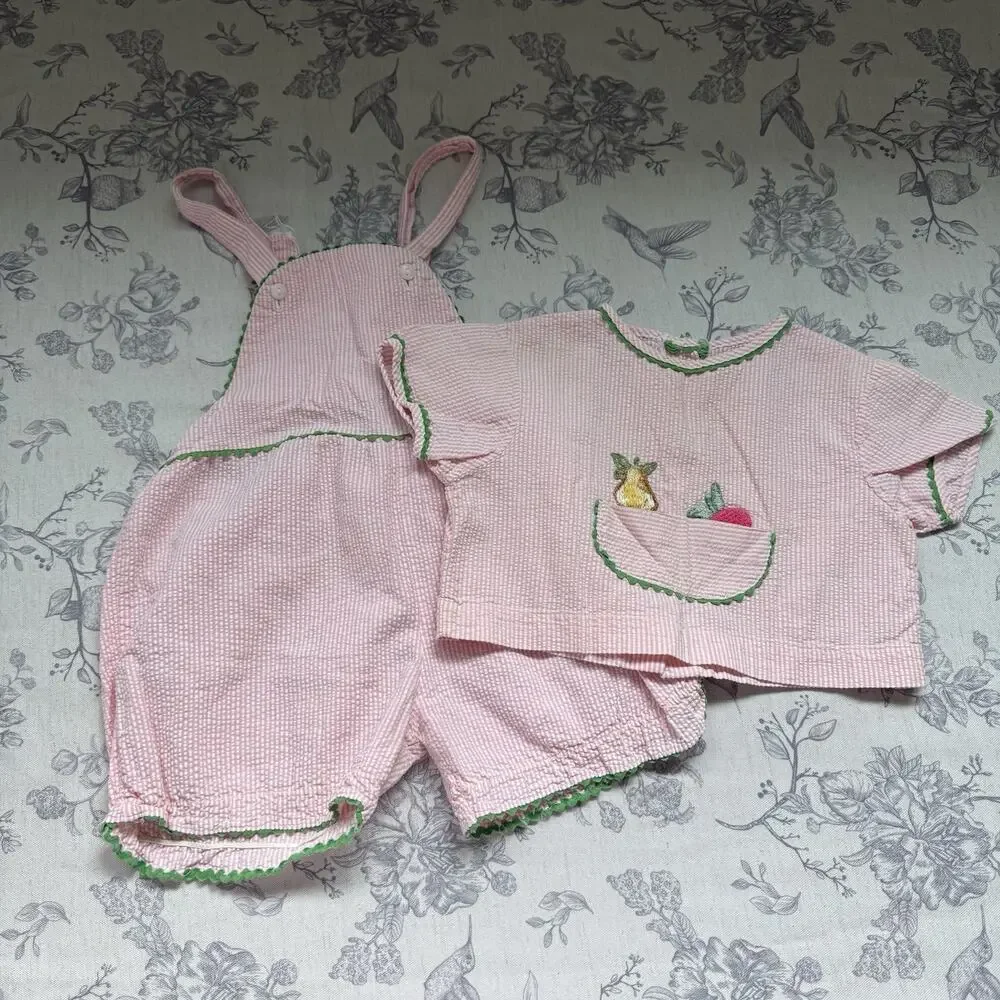 Vtg 90s Toddler Girl 3T Pink Green Gingham Seersucker Shortall Romper Shirt Set